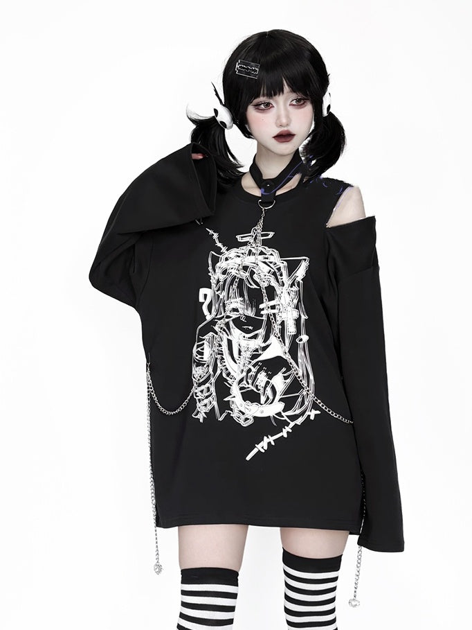 Anime Girl Print Black Zip Shoulder and Choker Chain Long Sleeve Top with Convertible