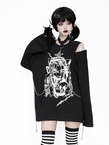 Anime Girl Print Black Zip Shoulder and Choker Chain Long Sleeve Top with Convertible