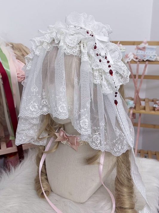 Lace Red Black/White Veil Lolita Hairband Gothic Ruffled Rose Beads With