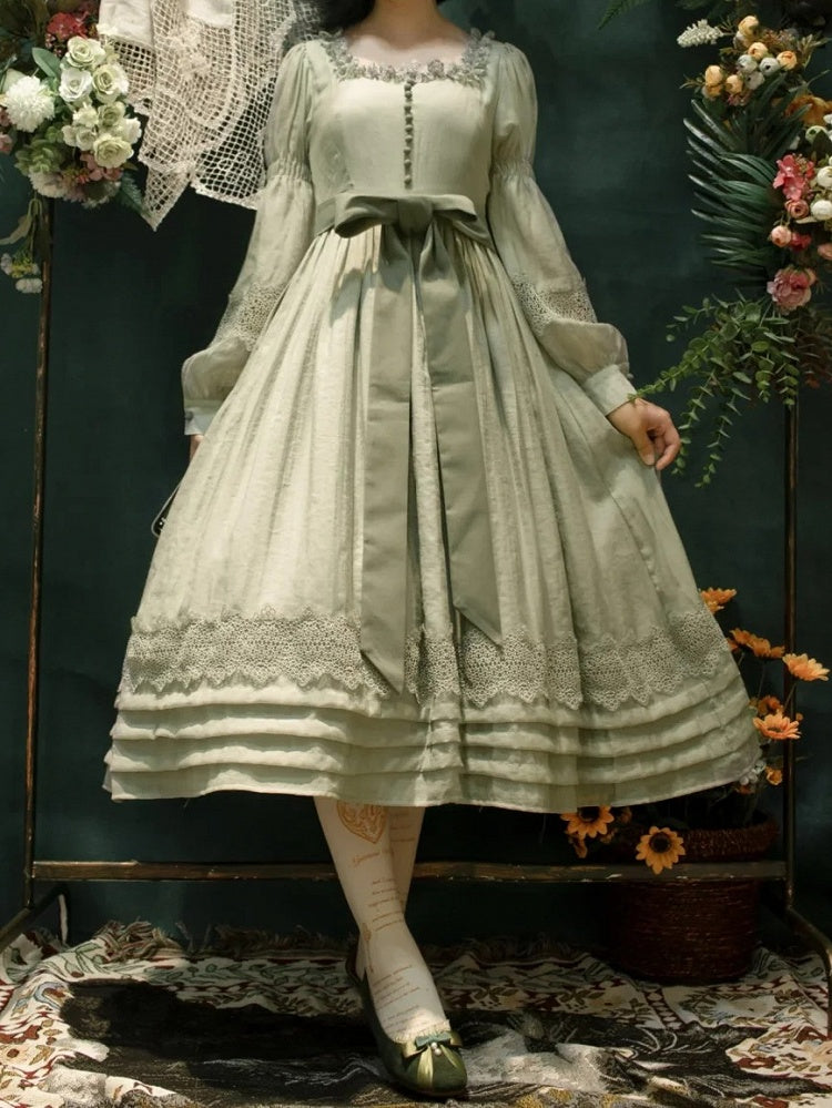 Green Square Neck Classic Lolita Long Sleeve OP