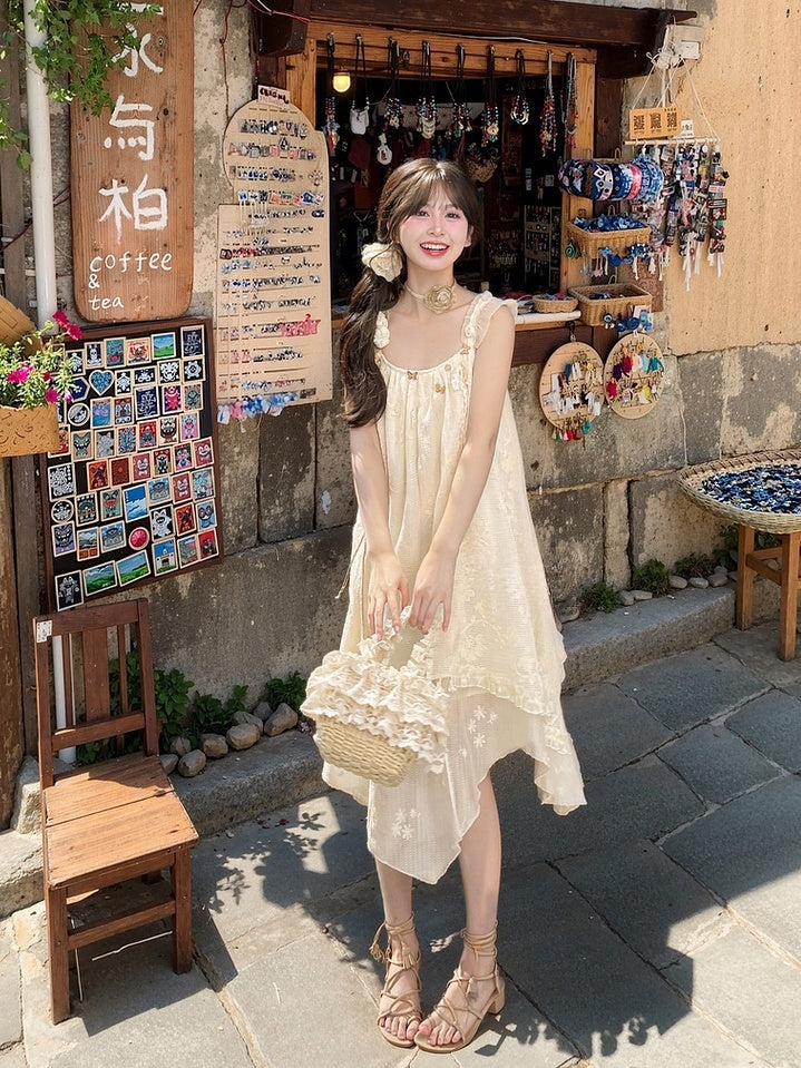 and Butterfly Accents Apricot Jacquard Dress with Tassel Hem Sleeveless Handkerchief Floral Hem