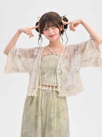 フリンジヘムホリデートップ ライトグリーン ホルターネック フローラルプリント