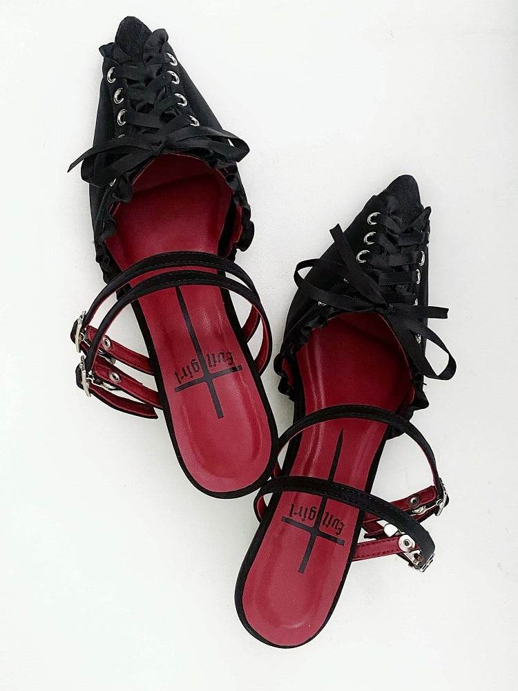 Slingback Spitz Gothic Detail Schnürsandalen Zehenpartie Schwarz