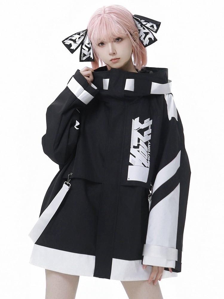 Schwarz-weiße Windjacke mit Kapuze im Jirai Kei Techwear-Trägerdesign
