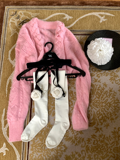 Trendy Stockings Camellia Decor White Suspender  with Creamy