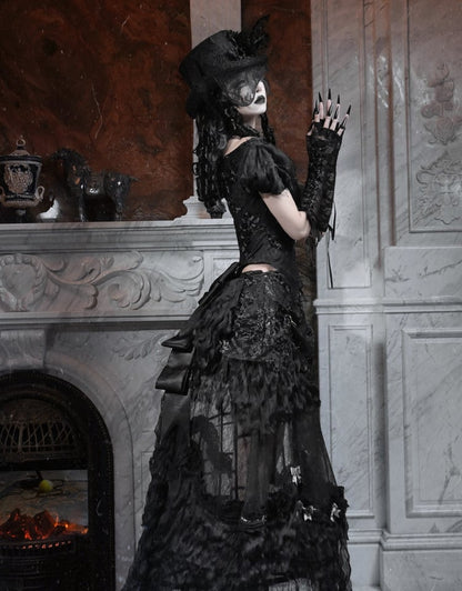 Sleeves Top Puff Edwardian Off-the-shoulder Vintage Neckline and Black