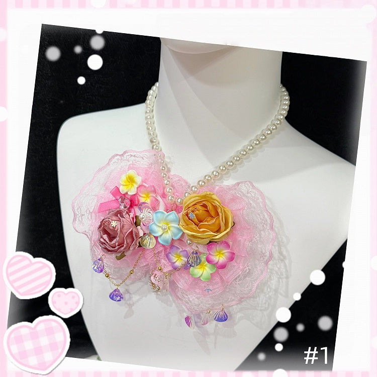 Floral Handmade Set School Lace Pearl Necklace Flower Rings Old Plumeria Jewelry -
