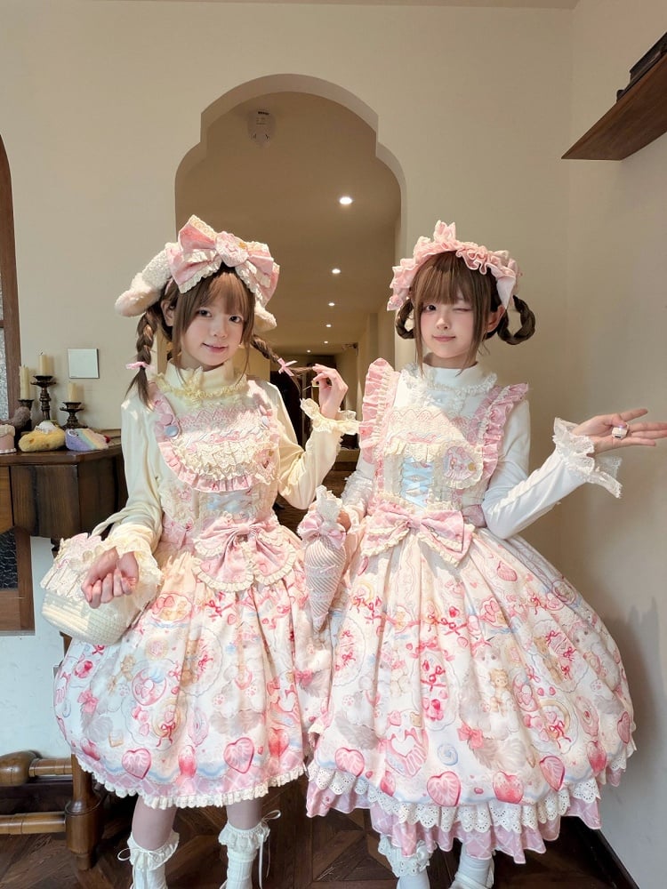 Beige Long Sleeve Lolita Top with Lace Trim - wawao good night bear