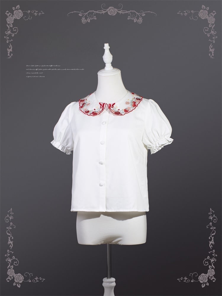 Sleeves Sweet Blouse Strawberry Pattern Beige Peter Pan Collar Puff Lolita