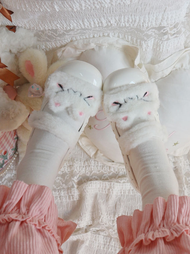 Snap Button Beige Lolita Sweet Kitty Plush with Flats