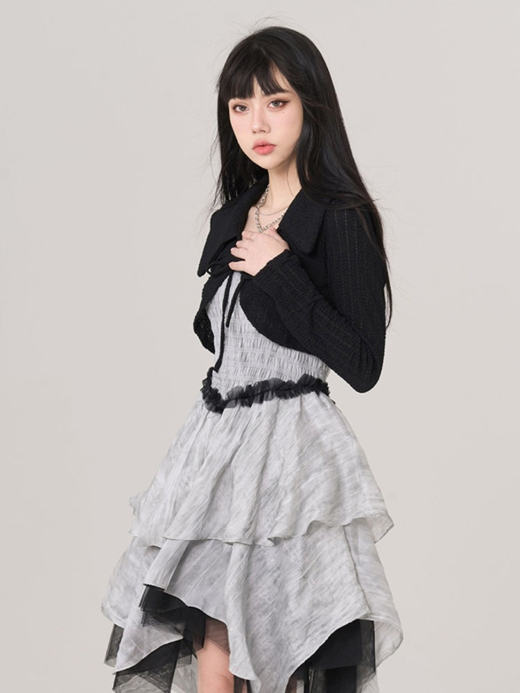 Gray Handkerchief Hem Ruffled Lace Trim Vintage Cami Dress