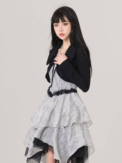 Gray Handkerchief Hem Ruffled Lace Trim Vintage Cami Dress