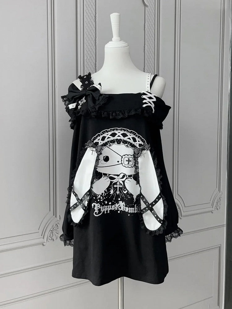 Jirai-kei Black Off Shoulder Long Sleeve Top with 3D Bunny Ears, Lace & Bows - Puppet Bombs