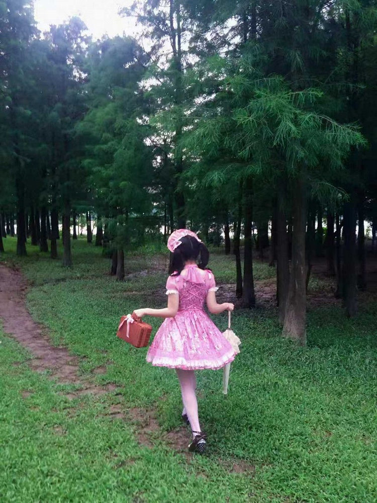 Pink Old School Lolita Floral Print OP Dress with Halter Straps - Asuka