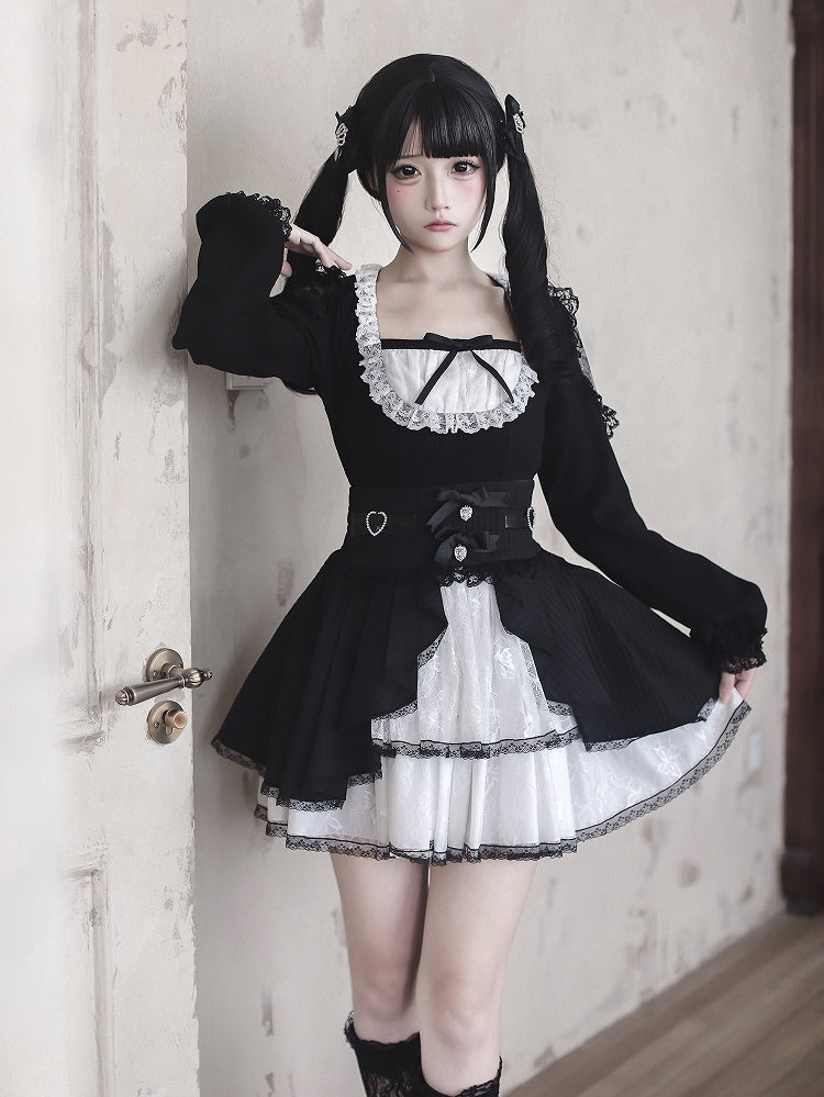 / Kei Lace White Waist Maid Cutouts Aesthetic Core Jirai Skirt High Shoulder Top - Black Tiered