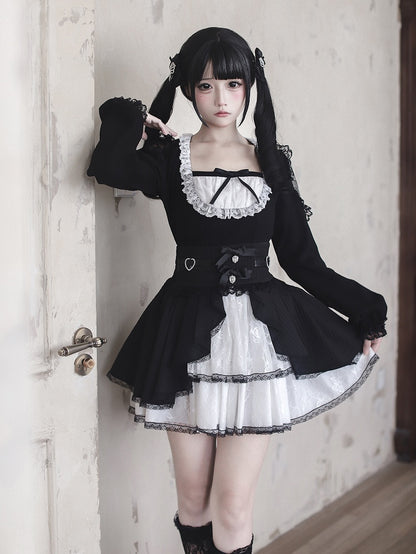 / Kei Lace White Waist Maid Cutouts Aesthetic Core Jirai Skirt High Shoulder Top - Black Tiered