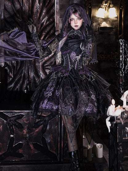Black & Purple Bone Dragon Embroidery Halter Neck Gothic Lolita Dress Set - Ying Luo Fu