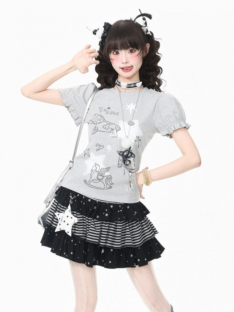 Gray Puff Sleeve Crew Neck Top with Rocking Horse Print - Languid Park