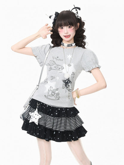 Gray Puff Sleeve Crew Neck Top with Rocking Horse Print - Languid Park