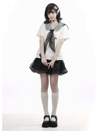 White Gingham Peter Pan Collar Tee with Cartoon Print - PINK SAVIOR