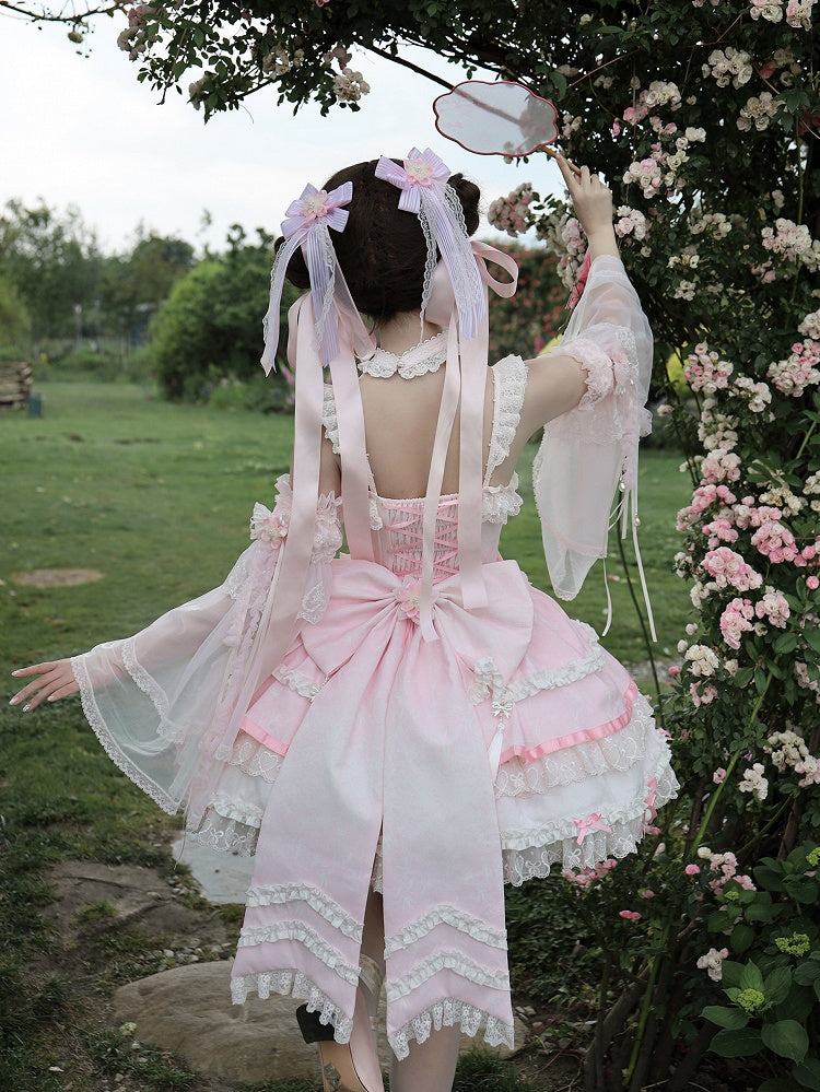 Kleid Lolita Akzente Ketten Perlen Rosa Taille Blume und Korsett Schleife Qi