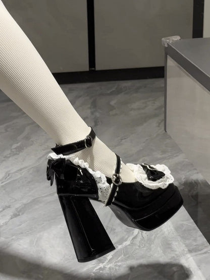High Strap Platform Decor Block Black Bow Scalloped Lolita Heels with Sweet