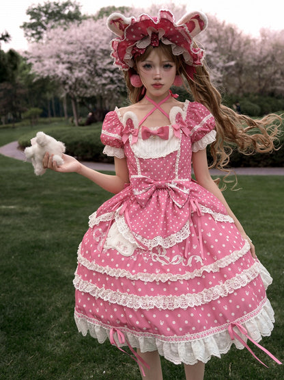 Ohren Quadrat Muster Kleid Bunny Polka Dots Lolita Ausschnitt Rosa Plüsch Süß Dunkel