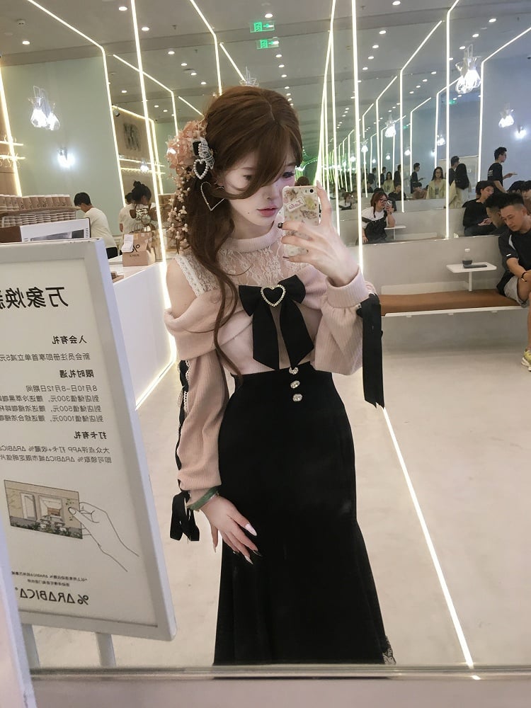 Pink Black Jirai Kei Ties Dress Refined | Crossed Off-the-shoulder Sweet and