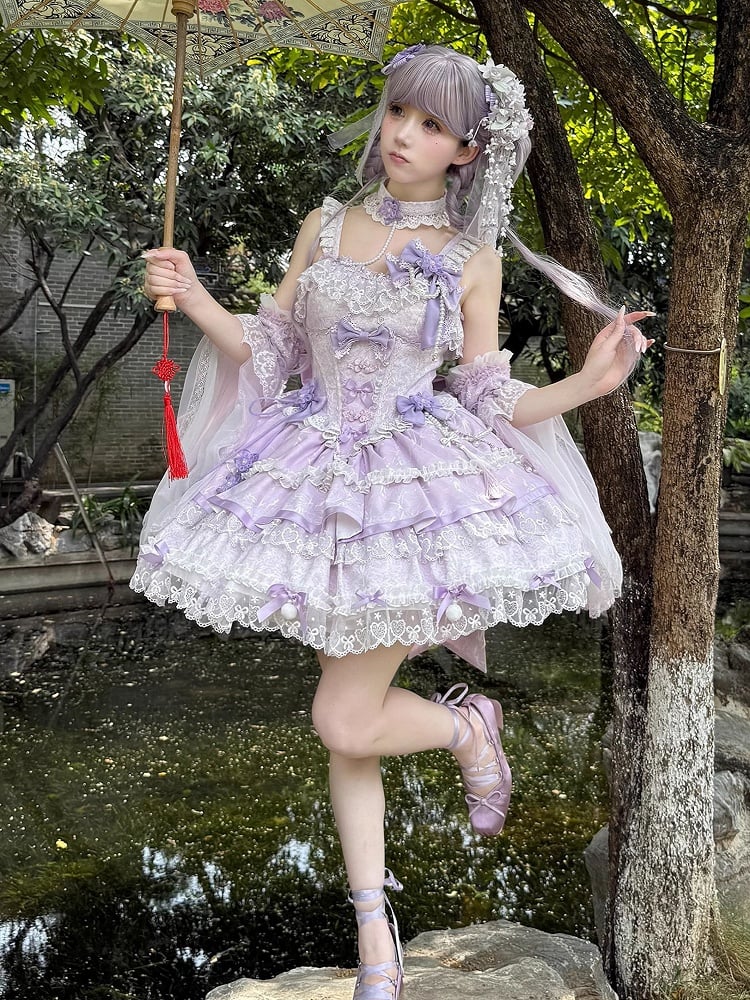 und Ketten Kleid Blume Lolita Taille Qi Korsett Schleife Perle Lila Akzente