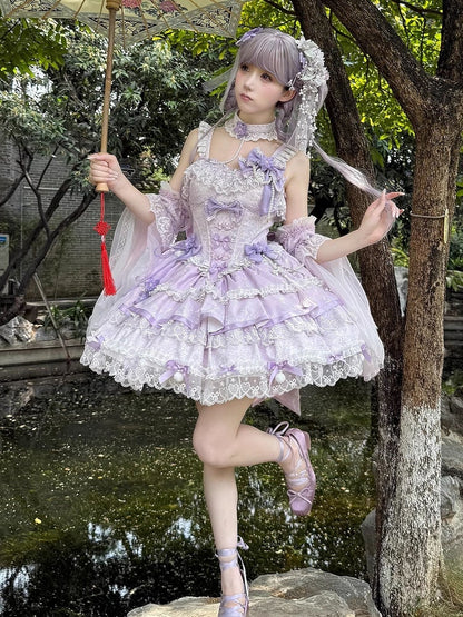 und Ketten Kleid Blume Lolita Taille Qi Korsett Schleife Perle Lila Akzente
