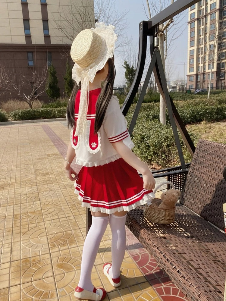 Matrosenkragen, Hasenohren-Design, JK-T-Shirt mit Rüschen, rosa/rot, Uniform