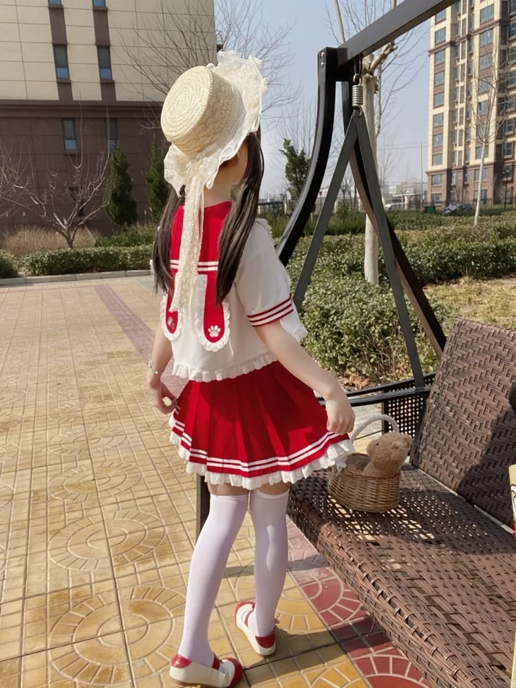 Lace JK Uniform Pink/Red Pleated Skirt Trim Ruffled