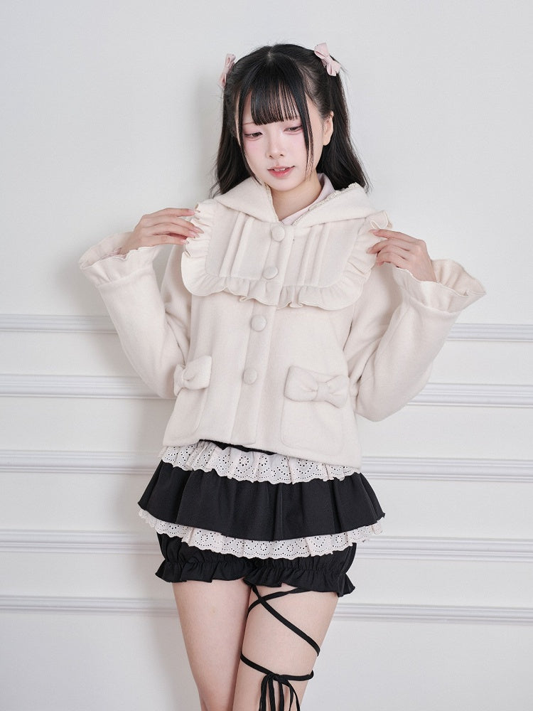 Apricot Ryousangata Wool-Blend Short Hooded Jacket, Ruffled Detail - No Genki