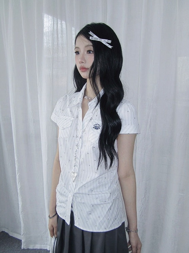 White Short Sleeve Top with Polka Dot and Stripe Pattern - Solkatt
