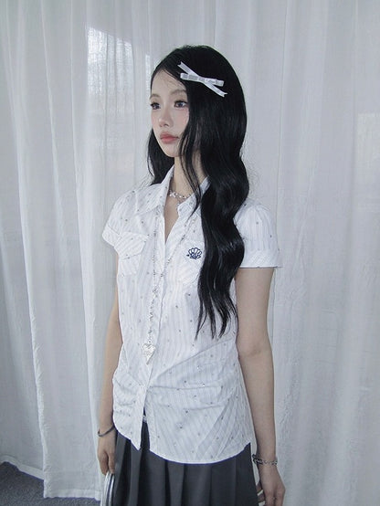 White Short Sleeve Top with Polka Dot and Stripe Pattern - Solkatt