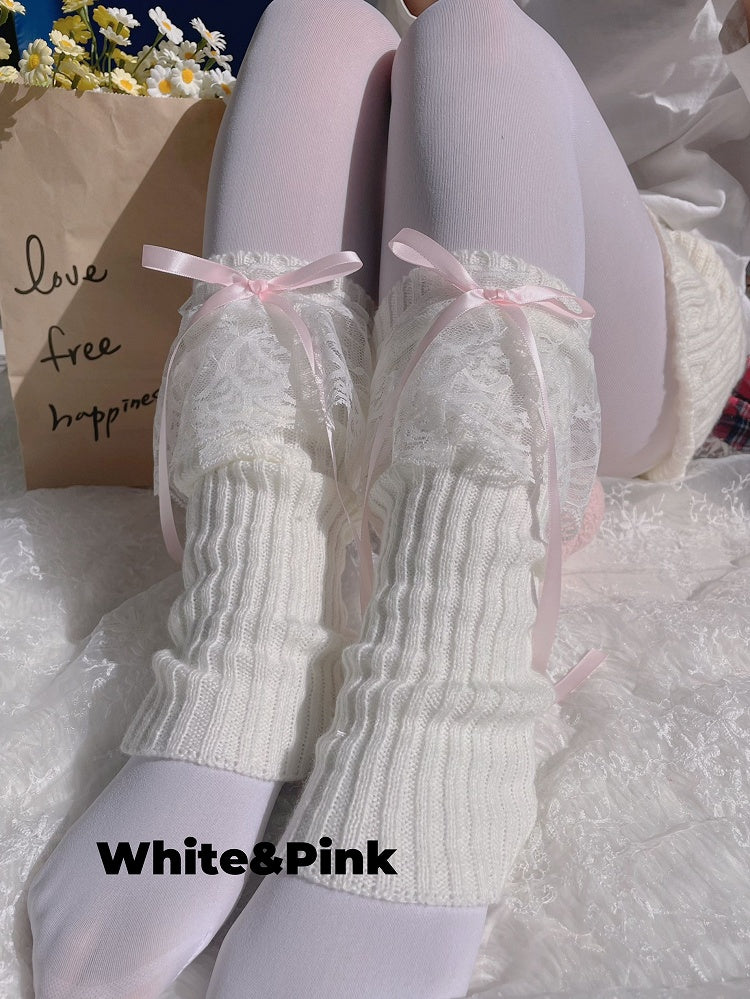 Gestrickte Beinwärmer mit Schleife und Spitzenmanschette in 9 Farben