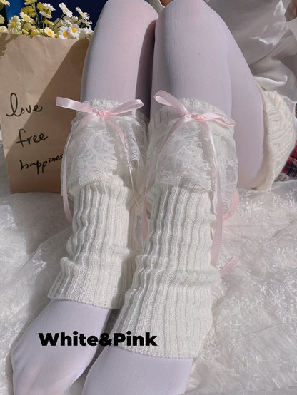 Gestrickte Beinwärmer mit Schleife und Spitzenmanschette in 9 Farben