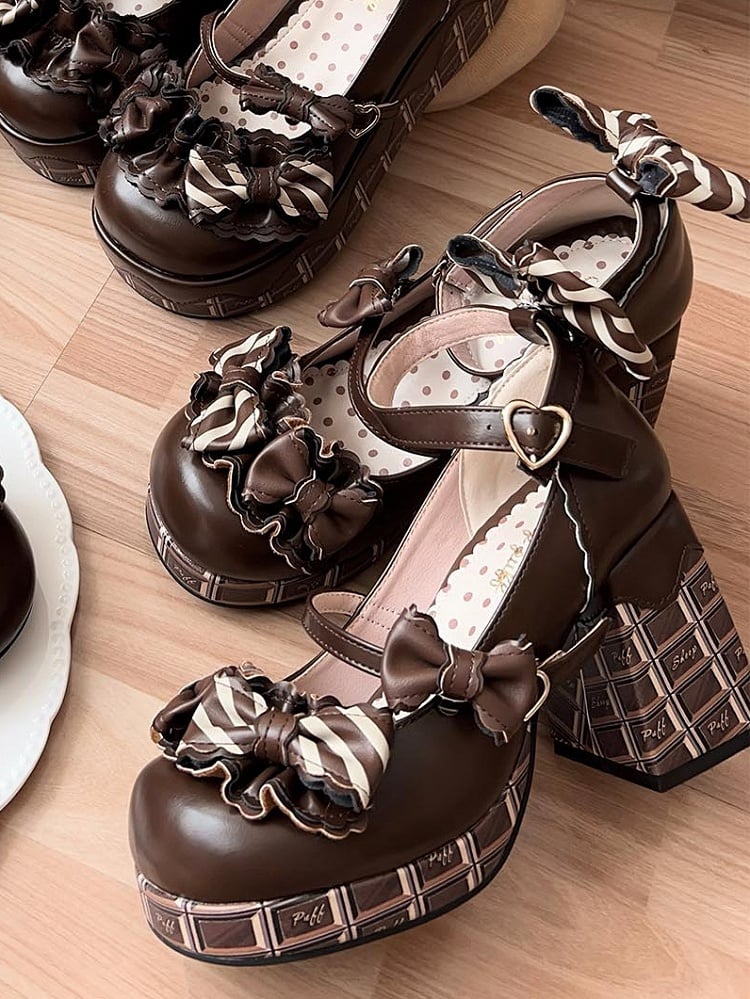 Herz Dunkelbraun Hohe Schokolade Heels Gestreifte Janes Bowknot Details Plattform Mary Schnalle