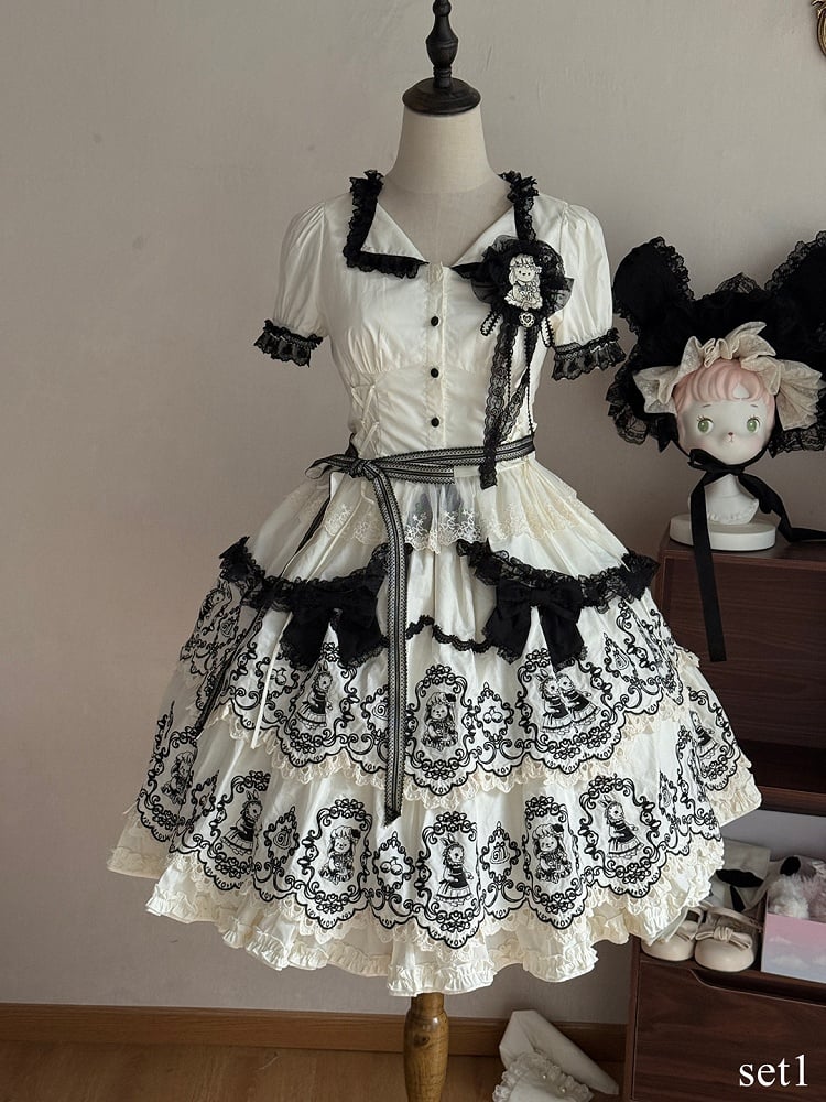 White Blouse Trim Black Lolita Pattern Scalloped Edge with Skirt Puff + Elegant Layered Rabbit Sleeves Set