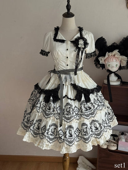 White Blouse Trim Black Lolita Pattern Scalloped Edge with Skirt Puff + Elegant Layered Rabbit Sleeves Set