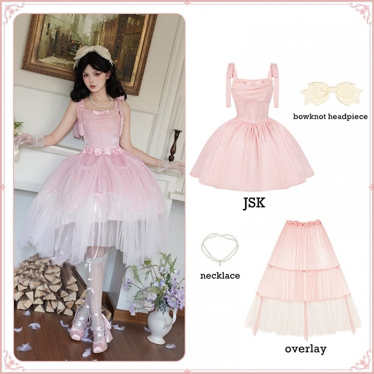 Kleid JSK Komplettes schimmerndes Set Basken-Taille Lolita mit Knochen Pink