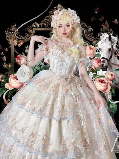 Wrist Full Painting-Inspired Apricot Lolita Skirt + Set Short Elegant Embroidered Cuffs Hanayome JSK - Oil Extension Large Floral Dress White Bow Brooch