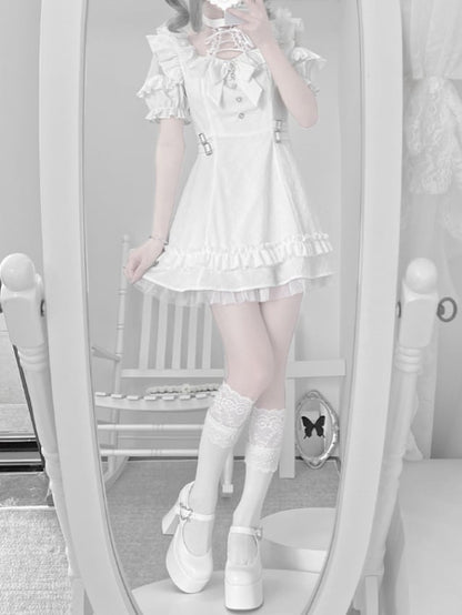 Weißes Jirai-Kleid mit Schnürung und Neck Kei-Krawattenschleife