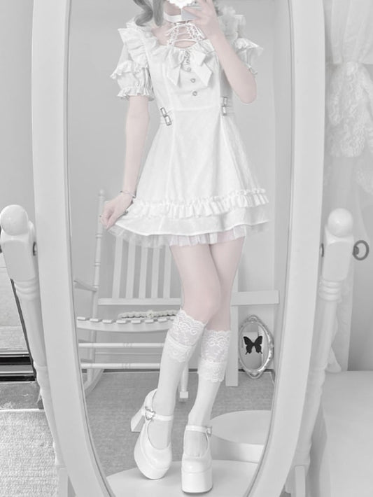 Weißes Jirai-Kleid mit Schnürung und Neck Kei-Krawattenschleife