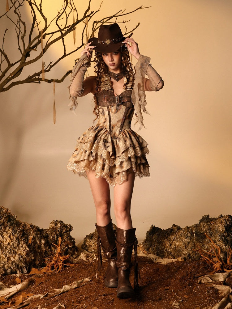 Burn-Effect Halter Dress with Tiered Ruffles and Distressed Lace - Virtual Orbit