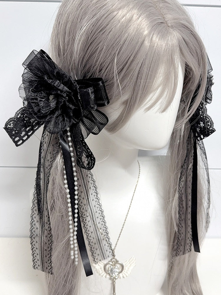 Bowknot with Charm White/Black Design Floral Beaded Hairclip/Brooch