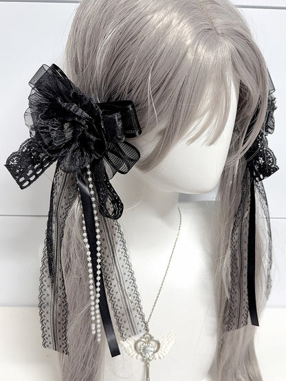 Bowknot with Charm White/Black Design Floral Beaded Hairclip/Brooch