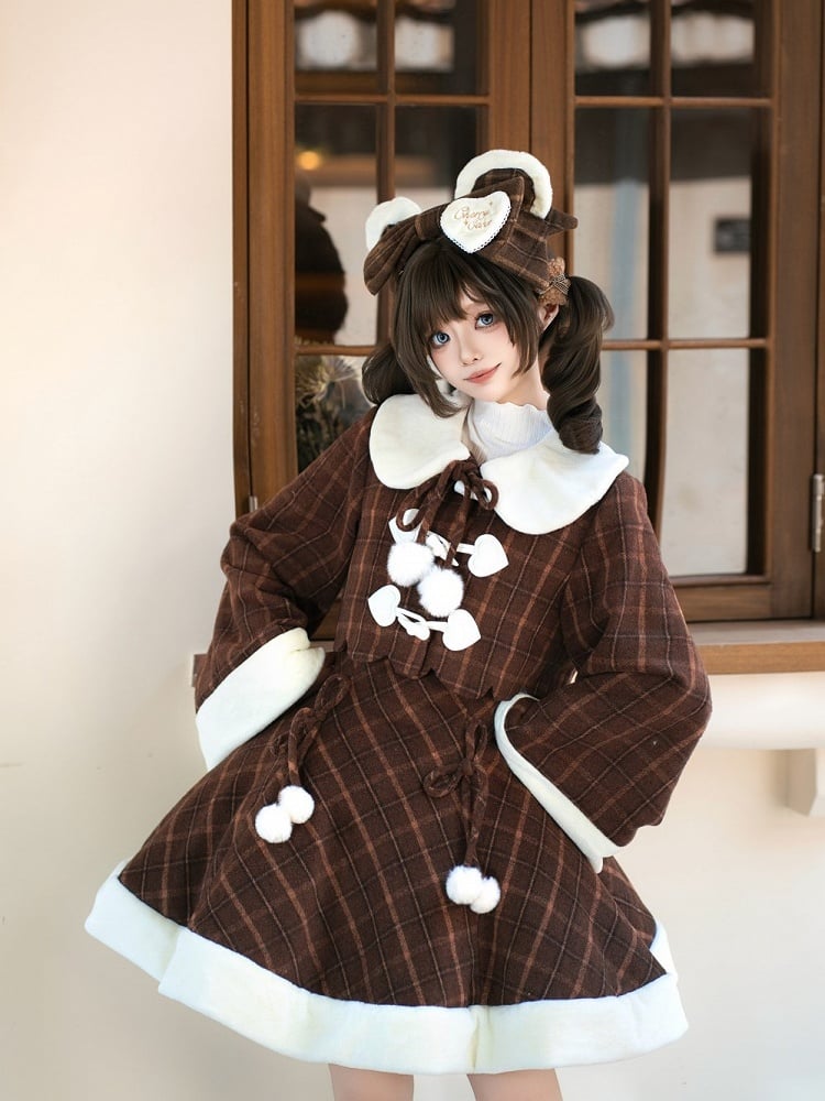 for Coat Lolita Dress Sweet and Paired Autumn with Winter Cherry Brown Embroidered Plaid