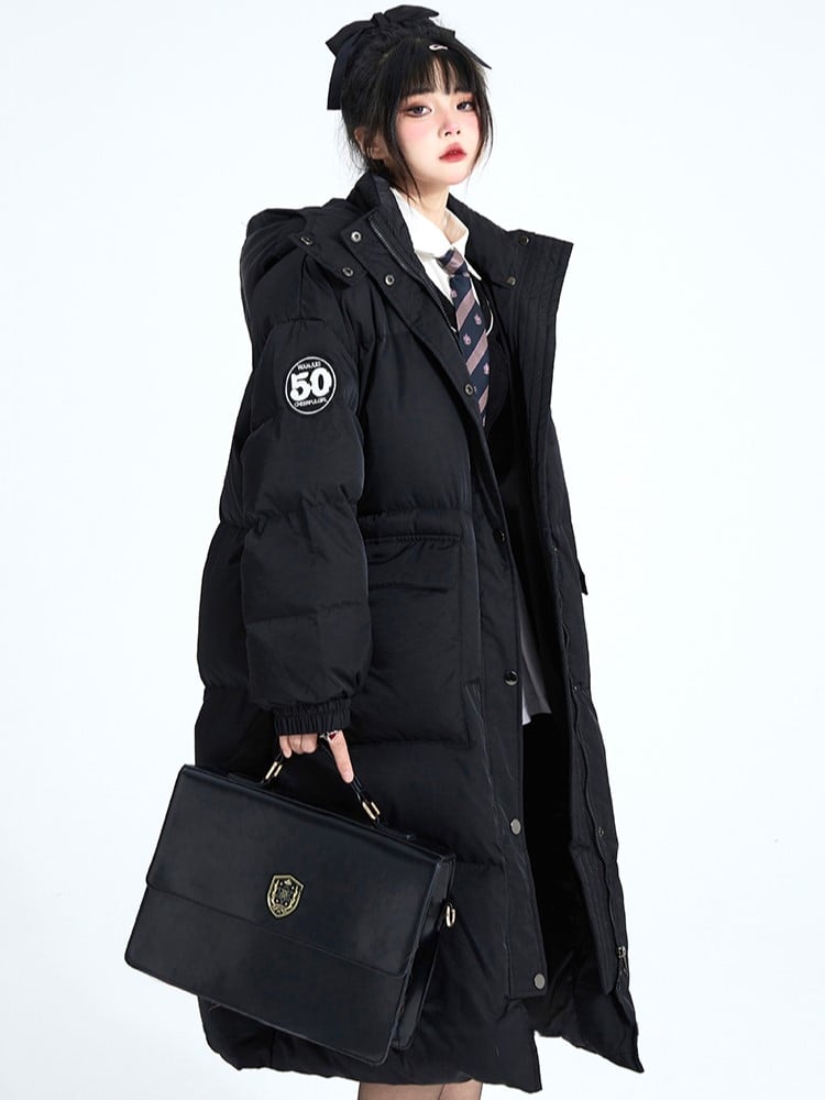 Mid-Length Preppy Mandarin Patches Black Coat Hooded with Badge Padded/Down Collar