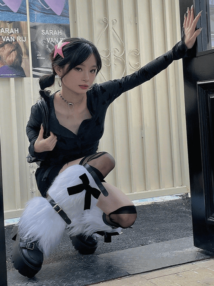 Leg Black Warmers With White Plush Bow Decoration